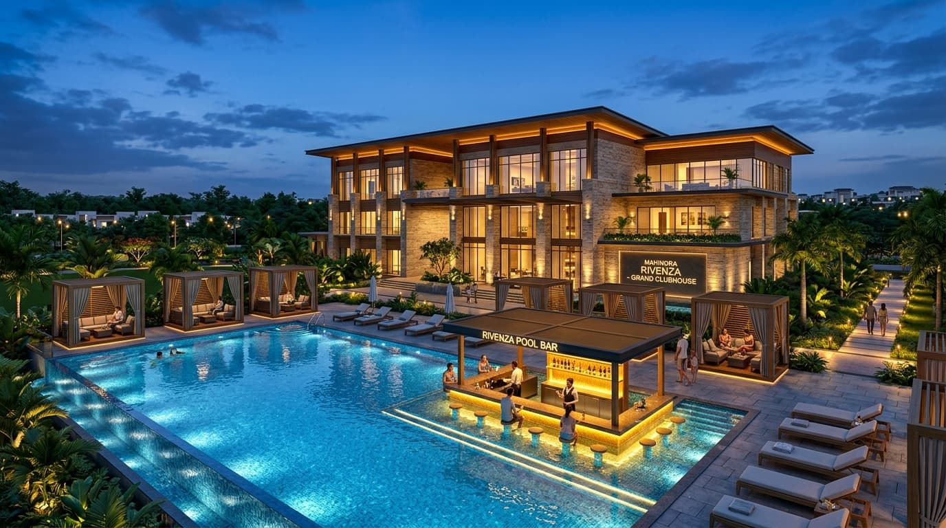 Mahindra Rivenza 44k Sq Ft Clubhouse and Sunken Bar Pool at Twilight